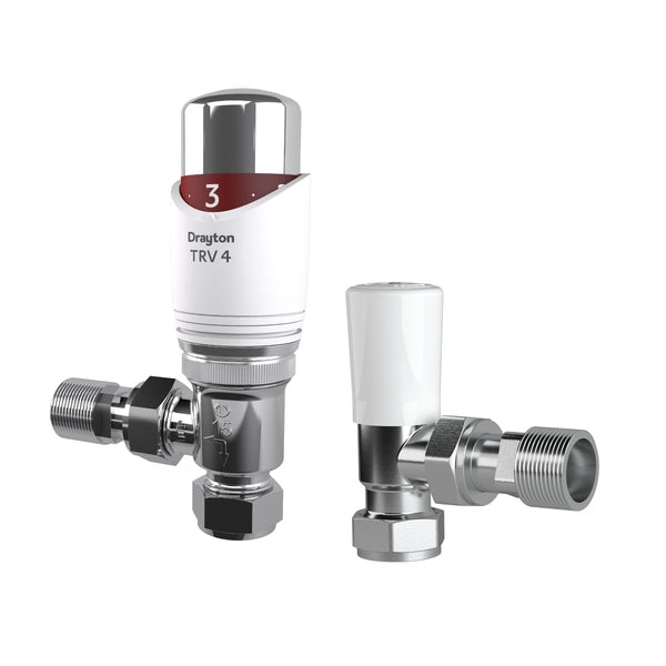 Drayton Angled Thermostatic Radiator Valve 4 And Lockshield Valve White 15mm 705180