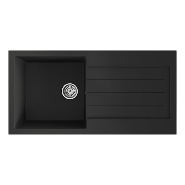 Ceki Black Comite Single Bowl Kitchen Inset Sink and Drainer 1000 x 500mm Left or Right Handed Supplied with Chrome Basket Strainer Waste