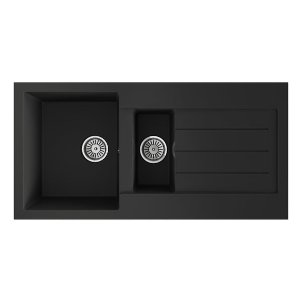 Ceki Black Comite 1.5 Bowl Kitchen Sink and Drainer 1000 x 500mm Left or Right Handed Supplied with Chrome Basket Strainer Wastes