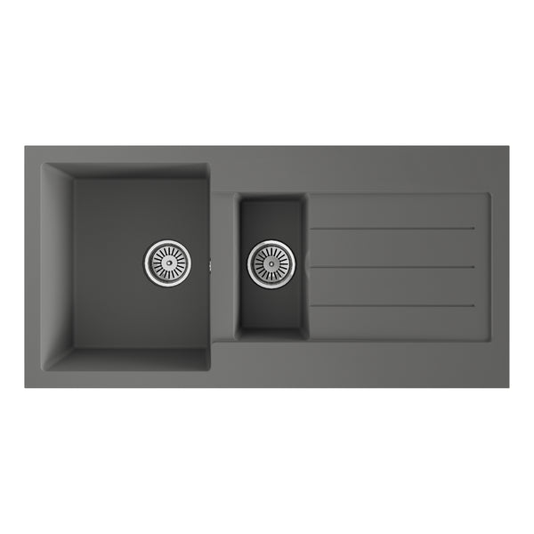 Ceki Grey Comite 1.5 Bowl Kitchen Sink and Drainer 1000 x 500mm Left or Right Handed Supplied with Chrome Basket Strainer Wastes