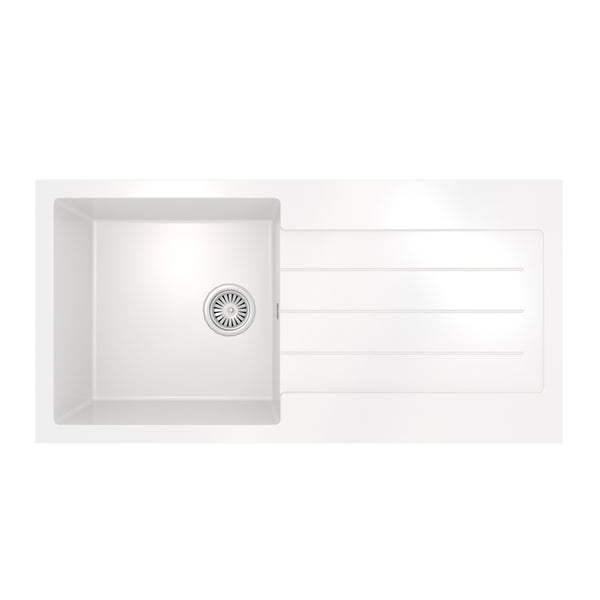 Ceki Matt White Comite Single Bowl Kitchen Sink and Drainer 1000 x 500mm Left or Right Handed Supplied with Chrome Basket Strainer Waste