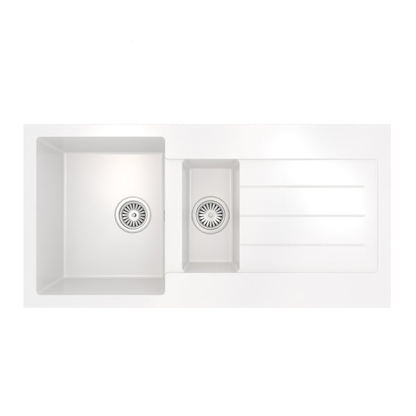 Ceki Matt White Comite 1.5 Bowl Kitchen Sink and Drainer 1000 x 500mm Left or Right Handed Supplied with Chrome Basket Strainer Wastes